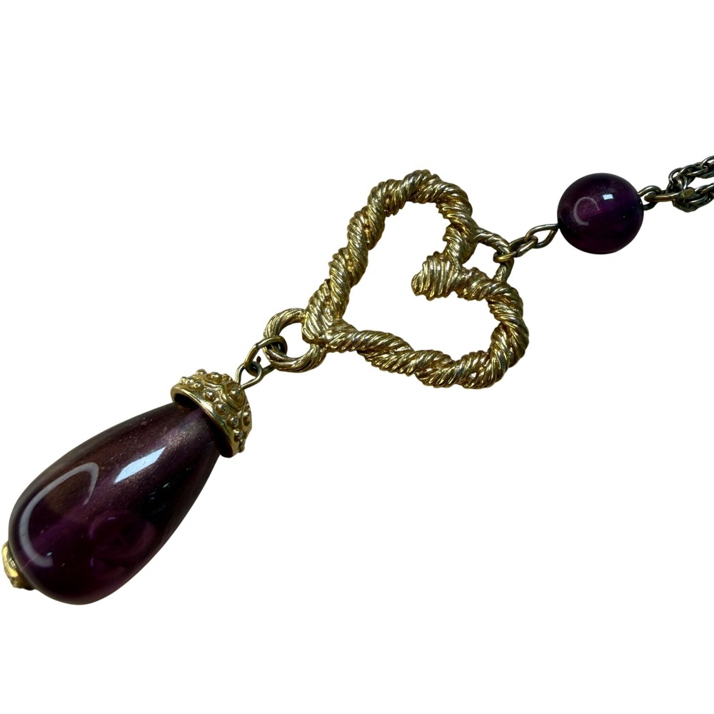 Avon Heart Necklace Purple Gold Tone Statement Romantic Classic Elegant - Picture 6 of 15
